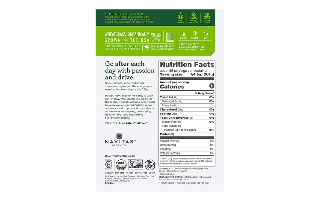 Navitas Organics Organic Wheatgrass Juice Powder    Pack  28 grams